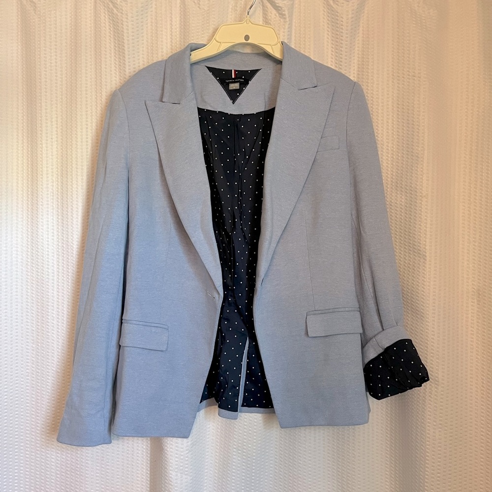 Light weight Tommy Hilfiger blazer. Blue with polka dot lining. Worn twice.